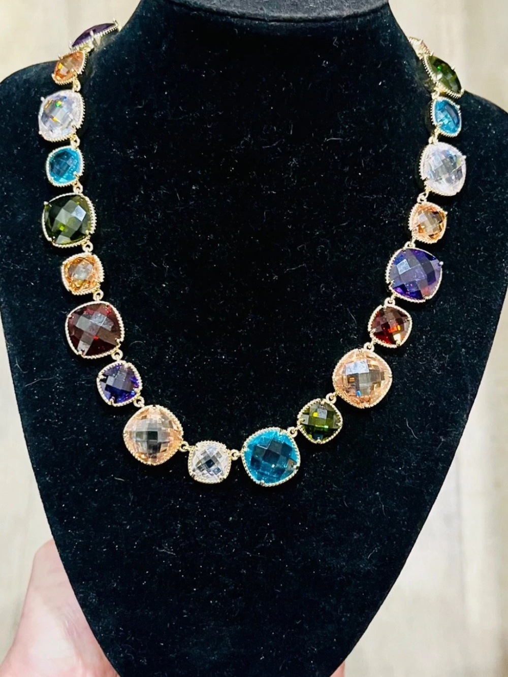Vintage Gold Tone Multicolor Checkerboard Cubic Zirconia Station Necklace READ… - Picture 10 of 12